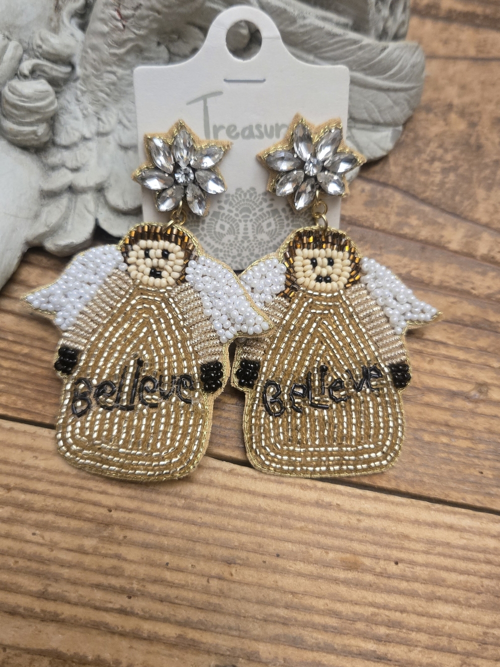 Beaded Angel 'Believe' Drop Earrings - Gold & White